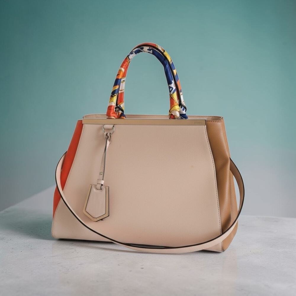 Fendi Medium 2jours Bicolor Tote with strap logo tag bonus silk scarves